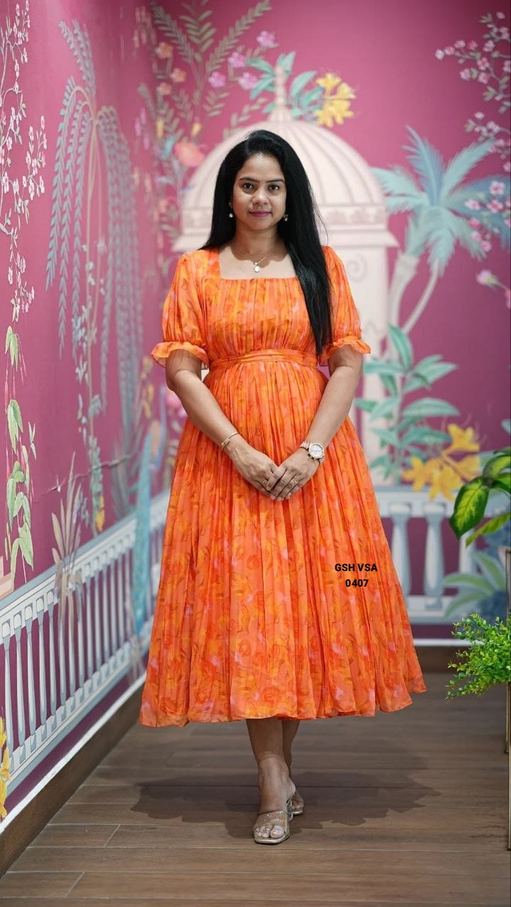Sunset Orange Floral Midi Gown Dress